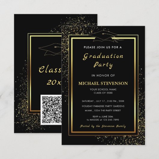 QR Code Black Gold Glitter Graduation Invitations (Devant / Derrière)