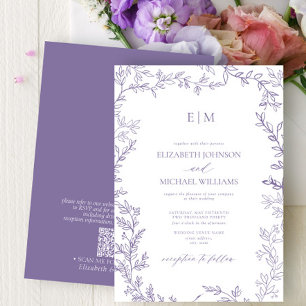 QR Code Blad Lavendel Elegant Monogram Trouwdag Kaart