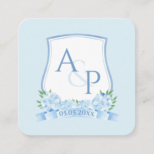 QR-code blauw en witte monogram rust RSVP Informatiekaartje (Achterkant)