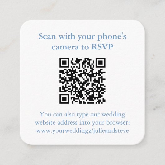 QR-code blauw en witte monogram rust RSVP Informatiekaartje (Voorkant)