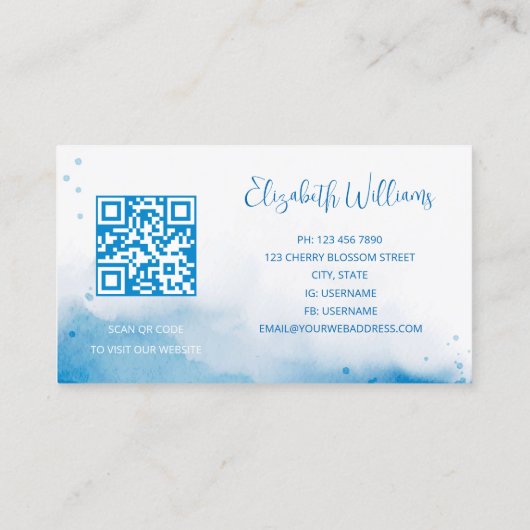QR Code Blauwe Waterverf Achtergrond Visitekaartje (Achterkant)