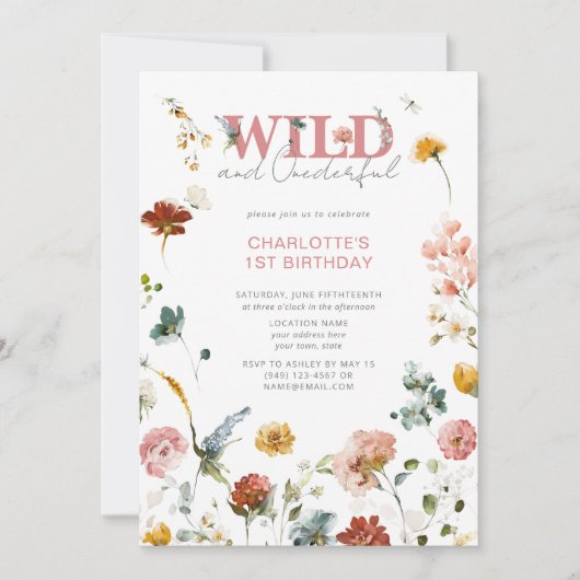 QR Code Bloemen Roze Wild & Onederful 1e Verjaarda Kaart (Voorkant)