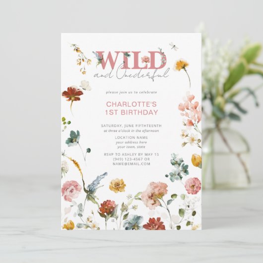 QR Code Bloemen Roze Wild & Onederful 1e Verjaarda Kaart (Staand voorkant)