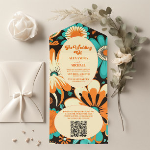QR Code Bloemrijke Groovy Retro Bruiloft All In One Uitnodiging