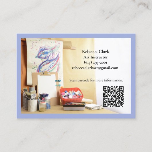 QR Code Blue Art Teacher Tutor Art Class  Visitekaartje (Voorkant)