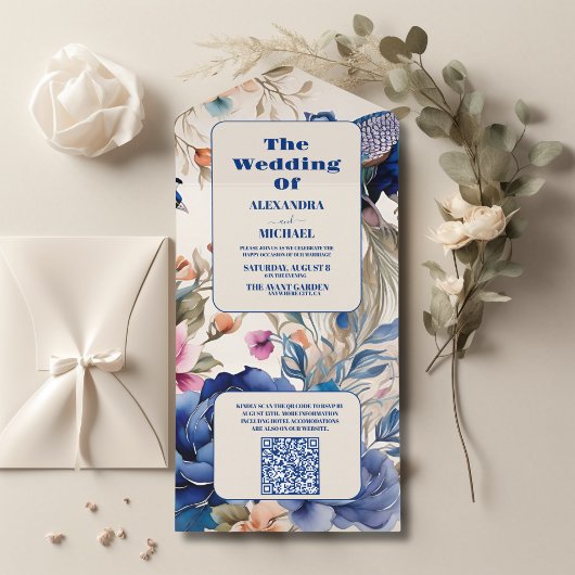 QR Code Blush Bloemen Peacock Chinoiserie Bruiloft All In One Uitnodiging