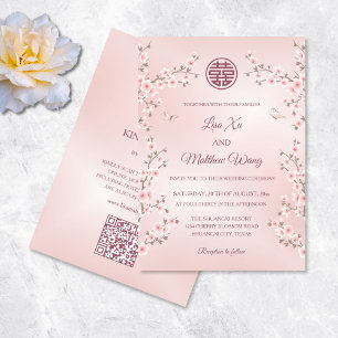QR Code Blush Blush Roze Bloem Chinese Bruiloft Kaart