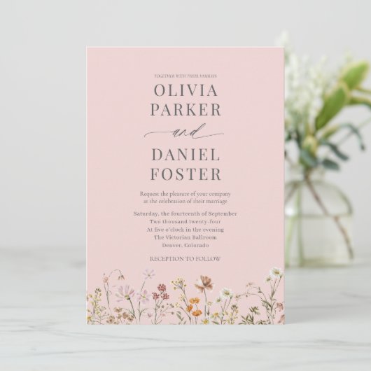 QR Code Blush Pink Photo Wildflower Wedding Kaart (Staand voorkant)