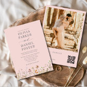 QR Code Blush Pink Photo Wildflower Wedding Kaart