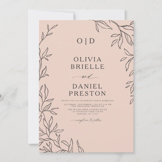 QR Code Blush Roze Minimal Leaf Wedding Kaart (Voorkant)