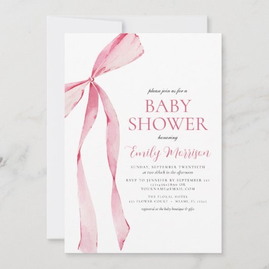 QR Code Blush Roze Waterverf Bow Baby shower Kaart (Voorkant)