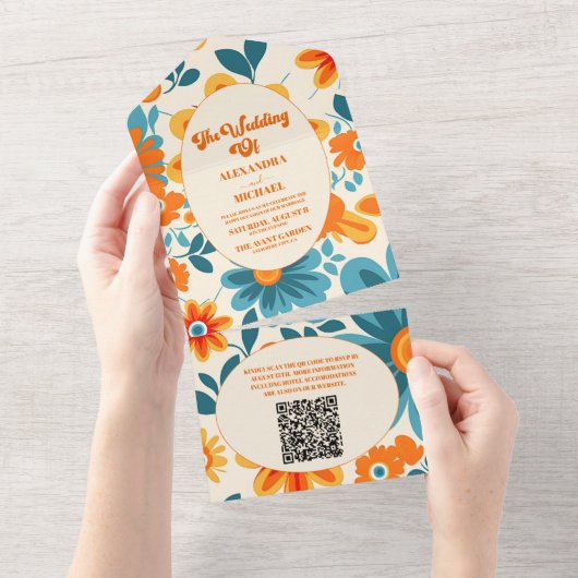 QR Code Boheemse Retro Casual Huwelijk All In One Uitnodiging (Afscheurbaar)
