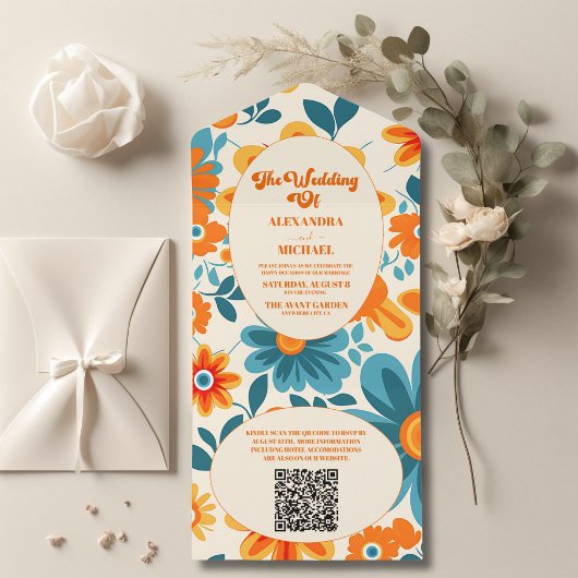 QR Code Boheemse Retro Casual Huwelijk All In One Uitnodiging