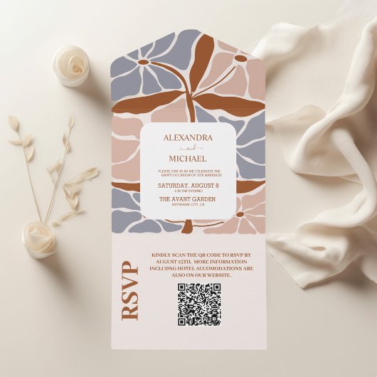 QR Code Boho Chic Retro Bloem Bruiloft All In One Uitnodiging