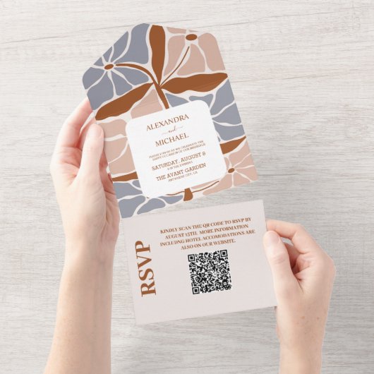 QR-code Boho chique retro bloemenbruiloft All In One Uitnodiging (Afscheurbaar)