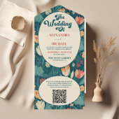 QR Code Boho Chique Retro Kleurrijke Bloemen Bruil All In One Uitnodiging