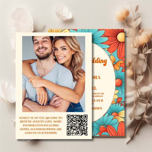 QR Code Boho Retro Bloem Bruiloft Kaart