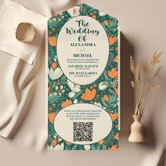 QR Code Boho Retro Bloemen Bruiloft All In One Uitnodiging