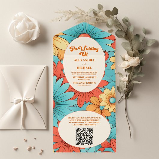 QR Code Boho Retro Bloemen Bruiloft All In One Uitnodiging