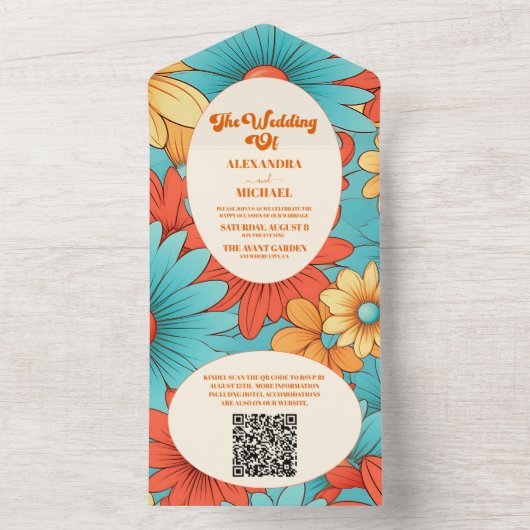 QR Code Boho Retro Bloemen Bruiloft All In One Uitnodiging (Binnen)