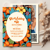 QR Code Boho Seventies Retro Bloemen Bruiloft Kaart