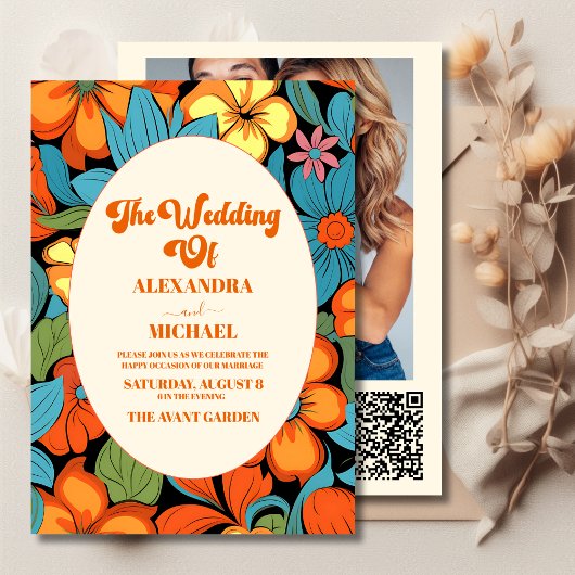QR Code Boho Seventies Retro Bloemen Bruiloft Kaart