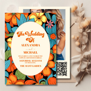 QR Code Boho Zeventiger Jaren Retro Bloem Bruiloft Kaart