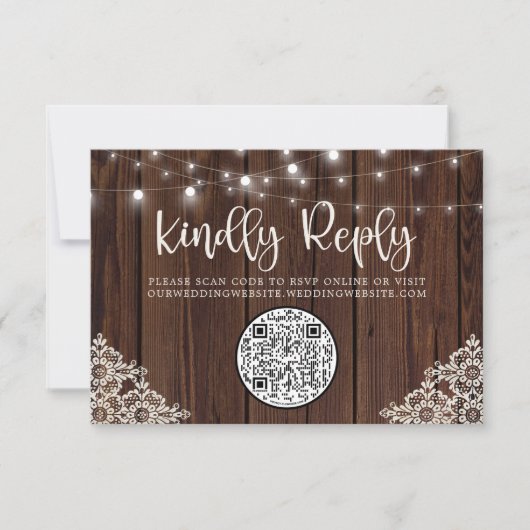 QR Code Bois Chaîne Lumières Dentelle Mariage RSVP (Devant)