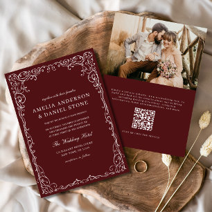 QR Code Bourgondië Fotominimalistische bruiloft Kaart