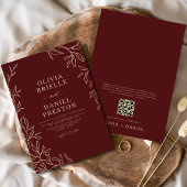 QR Code Bourgondië & Goud Minimal Leaf Wedding Kaart