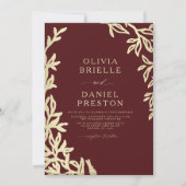 QR Code Bourgondië & Goud Minimal Leaf Wedding Kaart (Voorkant)