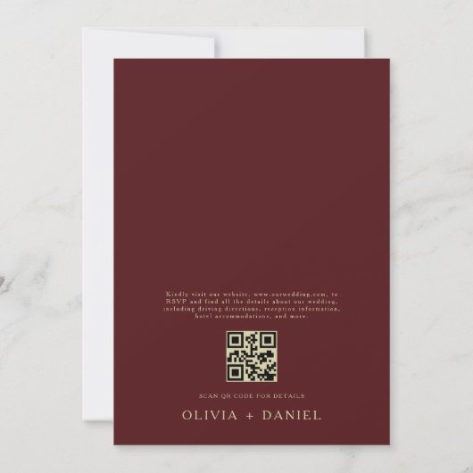 QR Code Bourgondië & Goud Minimal Leaf Wedding Kaart (Achterkant)