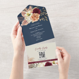 QR Code Bourgondië Navy Bloemen Huwelijk All In One Uitnodiging