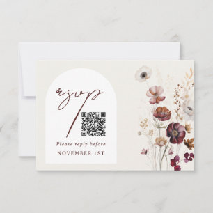 QR Code Bourgondische Anemoon Boog Bloemen Huwelij RSVP Kaartje