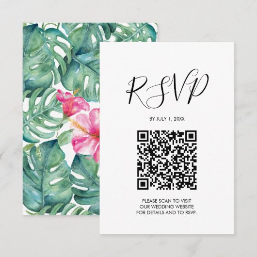 QR code Bruiloft RSVP Roze Tropische Behuizing Kaa Kaartje (Voorkant / Achterkant)