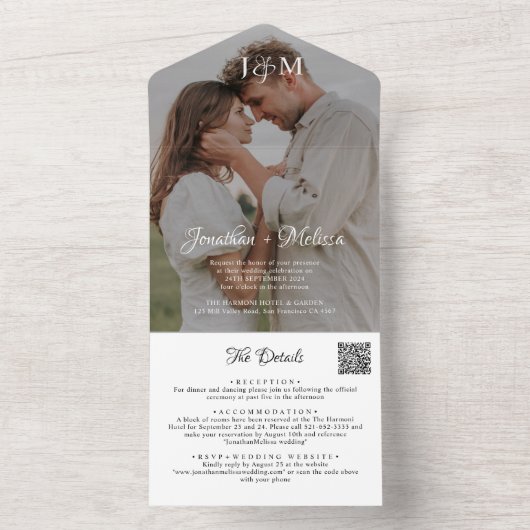 QR Code Budget Monogram Fotobedekking Band All In One Uitnodiging (Binnen)