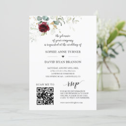 QR-code Burgundy Floral Greenery Gold Wedding Kaart