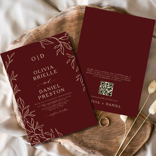QR-code Burgundy & Gouden Monogram Blad Bruiloft Kaart