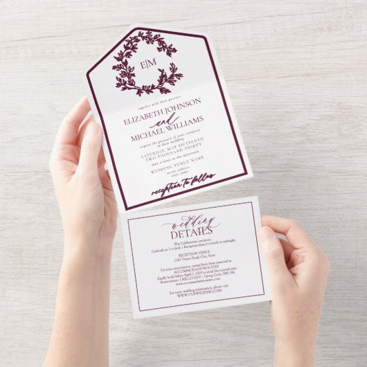 QR Code Burgundy Leafy Crest Monogram Weddenschap All In One Uitnodiging (Afscheurbaar)