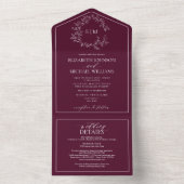 QR Code Burgundy Leafy Crest Monogram Weddenschap All In One Uitnodiging (Binnen)