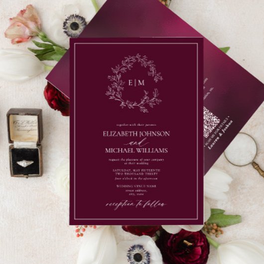 QR Code Burgundy Leafy Crest Monogram Weddenschap Kaart