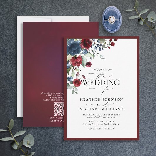 QR-code Burgundy & Navy Floral Waterverf Script Kaart