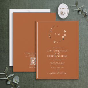 QR Code Burnt Rust Floral Wreator Monogram Weddens Kaart