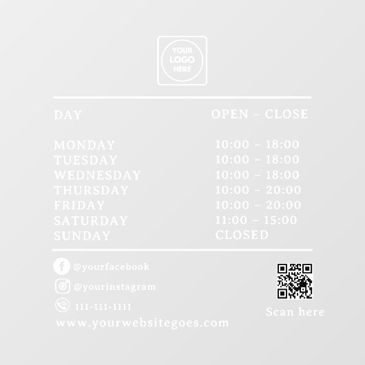 QR Code Business Hours Logo AI door sign Raamsticker (Vel)