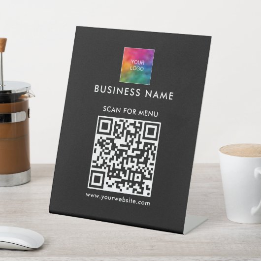 QR Code Business Logo Here Scan voor Menu Zwart Reclamebord Met Voetstuk (Insitu)