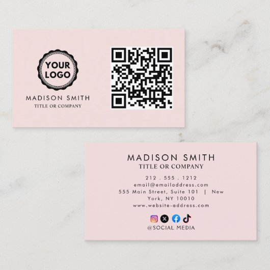 QR Code Business Logo | Modern Blush Pink Visitekaartje (Voorkant / Achterkant)