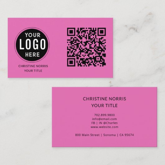 QR Code Business Logo | Modern Hot Pink Visitekaartje (Voorkant / Achterkant)