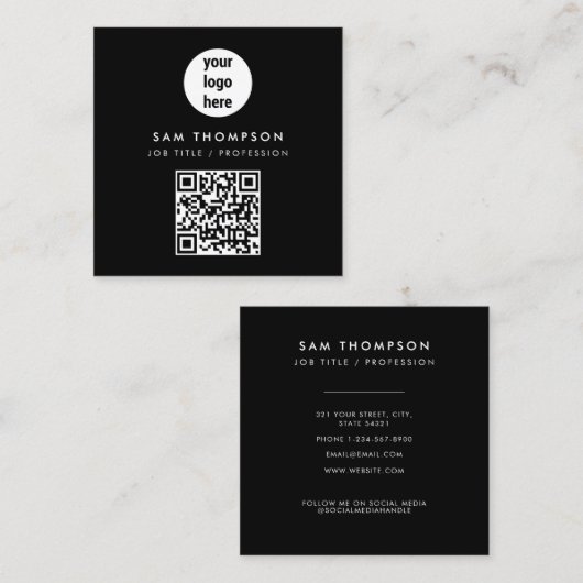 QR-code Business Logo Modern minimalistisch zwart Vierkante Visitekaartje (Voorkant / Achterkant)