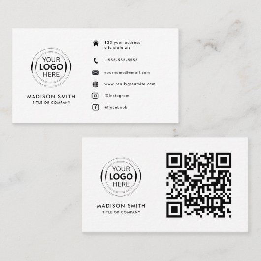 QR Code Business Logo | white Modern Professional Visitekaartje (Voorkant / Achterkant)