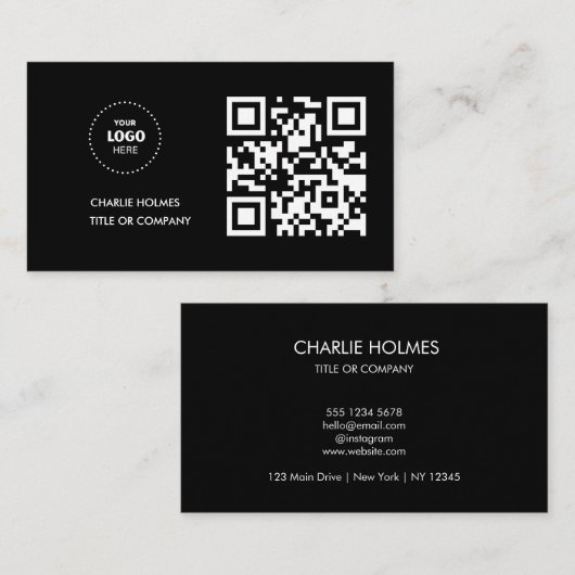 QR Code Business Logo | Zwarte moderne professiona Visitekaartje (Voorkant / Achterkant)